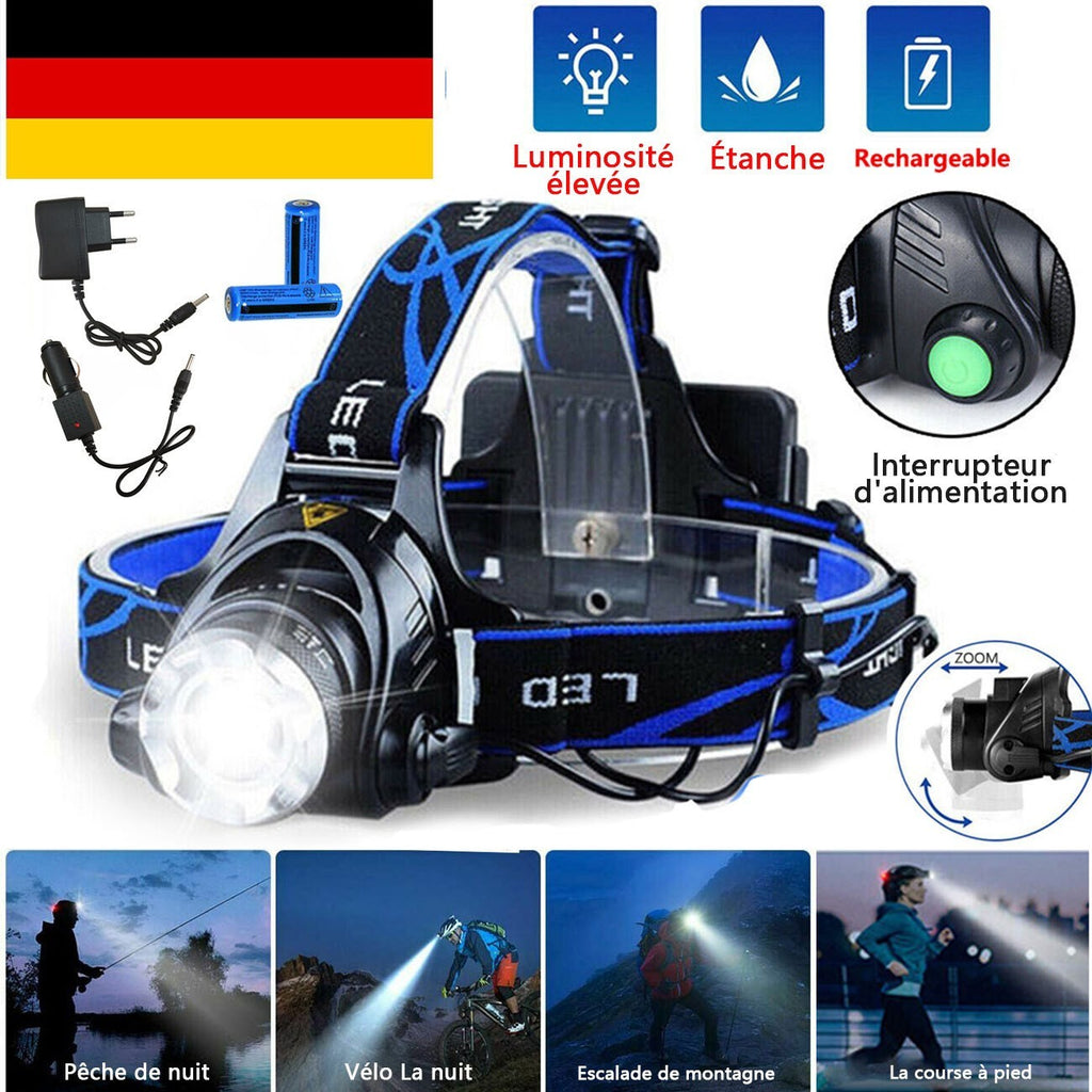 LED Headlamp Rechargeable Head Torch Zoom Headlight Super Bright Flashlight 3 Modes Work Light With 2 Li-ion Batteries 2 Charger